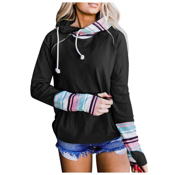 

women's hoodies & sweatshirts solid splice sweatshirt stripe long sleeve hooded pullover autumn winter warm casual kpop vintage jackets, Black