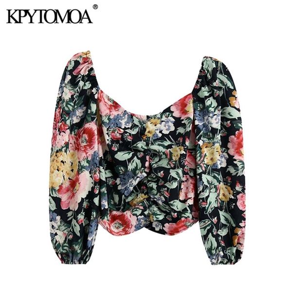

women fashion floral print pleated cropped blouses vintage v neck puff sleeve female shirts blusas chic 210420, White