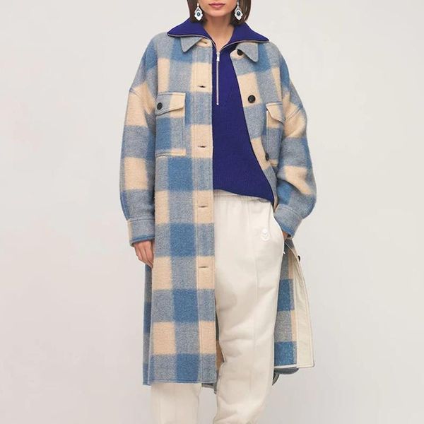 

women's wool & blends women plaid woolen coat single breasted pockets thick loose french casual long winter, Black