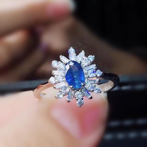 

natural real sapphire luxury ring per jewelry 925 sterling silver 4*6mm 0.6ct gemstone fine women rings j212038 cluster, Golden;silver