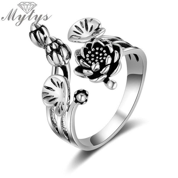 

cluster rings mytys open cuff adjustable size ring 8 9 10 11 old silver retro grey black jewelry flower fashion antique design r2120, Golden;silver