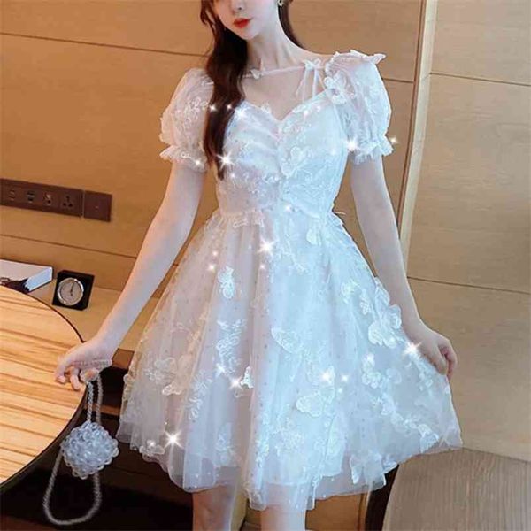 Sweet Buff Manga Elegante Verão Branco Vestido Mulheres Sexy Lace Uma Linha Luxo Up Butterfly Fada Princesa Party Vestidos 210514