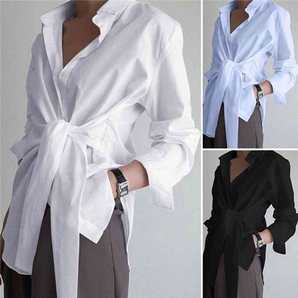 

stylish lace up womens shirt asymmetrical casual long sleeve chemise female button work blusas plus size tunic, White