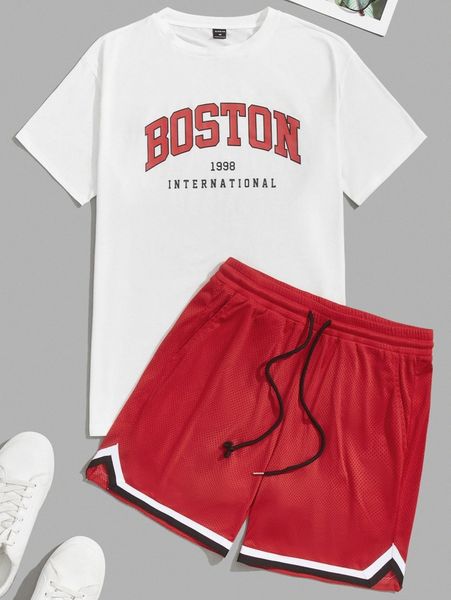 

men letter graphic tee & drawstring waist shorts set m1uu#, Gray