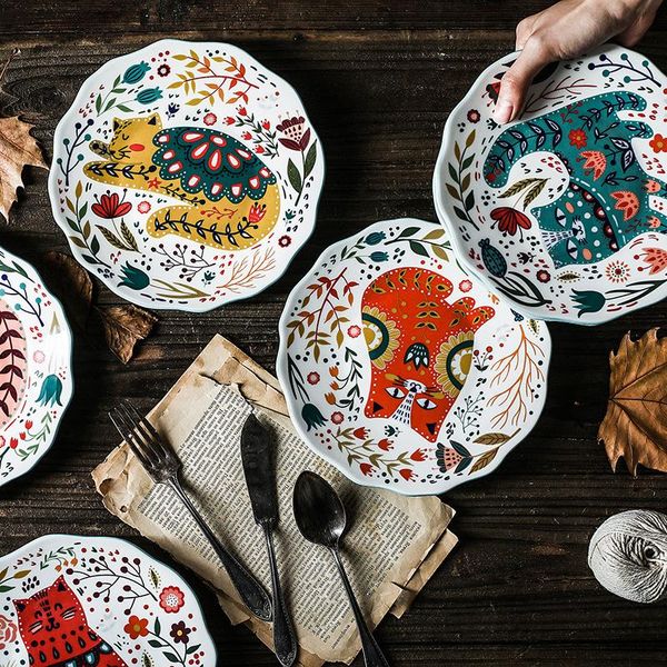 

dishes & plates creative cartoon ceramic steak cake snack dish dinner set porcelain western pasta fruit hand-painted cat ceramica plate