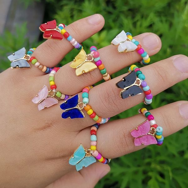 

boho multicolor handmade glass beaded elastic rings for women cute acrylic butterfly pendant rings stacked femme jewelry gifts, Silver