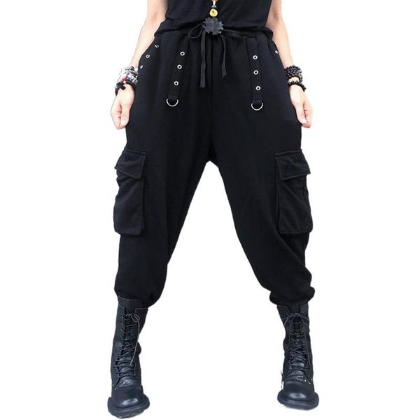 

women's pants & capris fairynatural spring autumn design female hip hop black pantalons women pockets loose cotton fitness harem trouse, Black;white