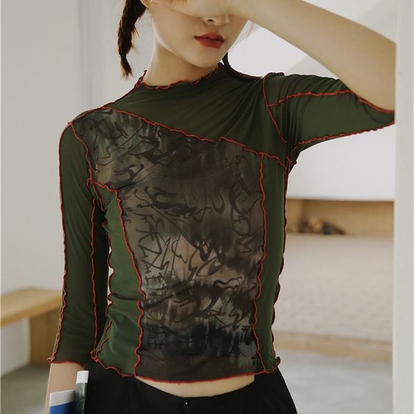 

women's t-shirt vintage mesh crop t shirt women printed tshirt summer high neck tee shirts femme designer ladies aesthetic uko, White