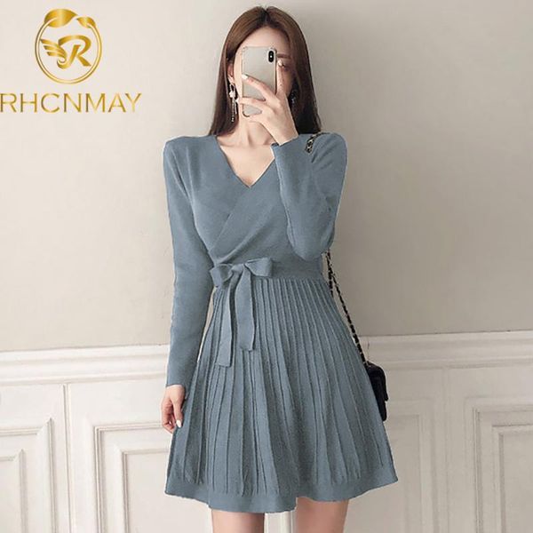 

winter women elegant solid mini dress with belt v neck korean chic slim frenulum dresses long sleeve sweater casual, Black;gray