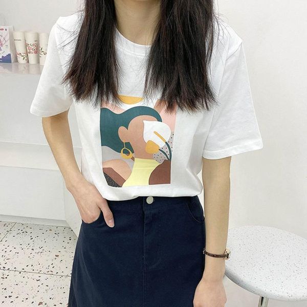 

women's t-shirt 2021 summer abstract print o neck women t-shirts short sleeve loose casual basic tees for 100% cotton, White