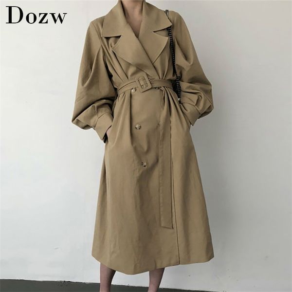 

long coat women autumn and winter trench vintage solid slim double breasted elegant casual ladies outwear 210515, Tan;black