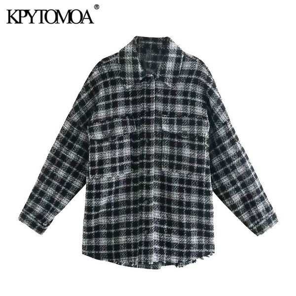 

women fashion with pockets oversized tweed jacket coat vintage long sleeve frayed hem female outerwear chic overshirt 210416, Black;brown