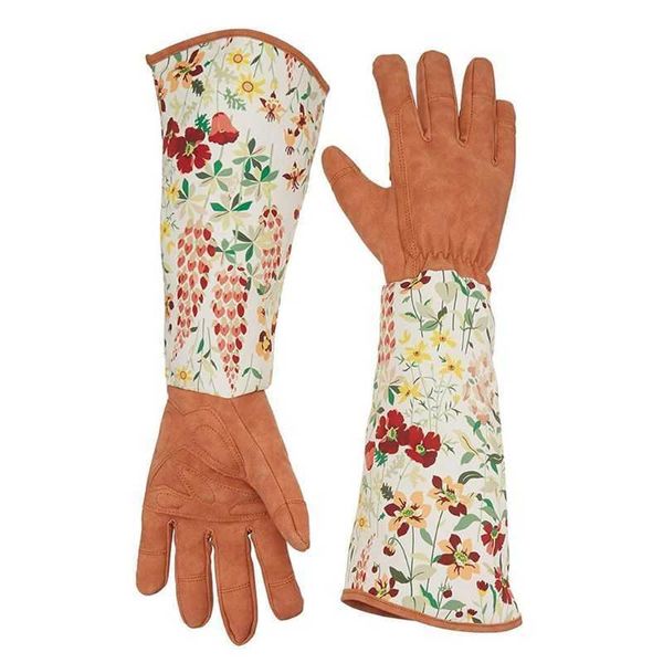 1 Paar Blumendruck Gartenhandschuhe Kunstleder Langarm Handschuh Frauen Rutschfeste Reinigung Haushaltshandschuh 210622