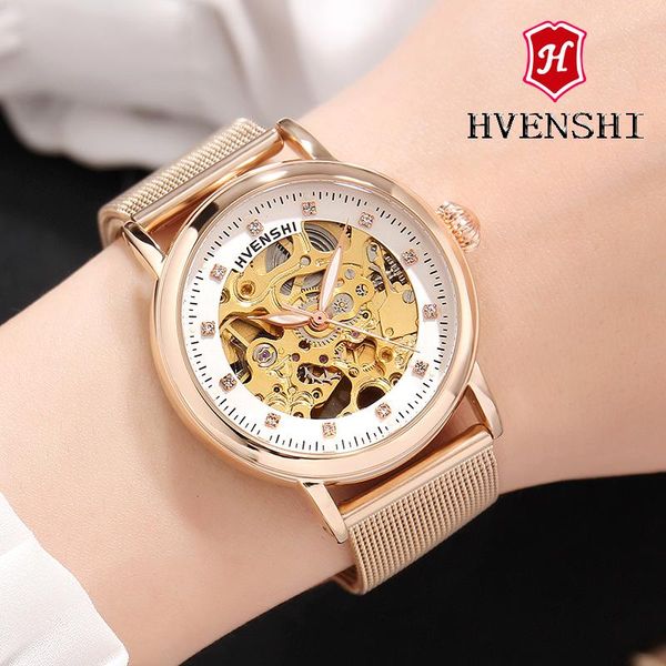 

watches for women hollow-out noctilucent automatic mechanical watch fashion business stainless steel womens wristwatches, Slivery;brown