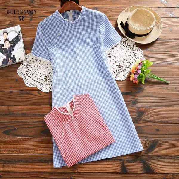 Çin tarzı cheongsam elbise orijinal tasarım kadınlar kısa kollu kırmızı mavi ekose yaz elbiseler vintage femininos vestidos 210520