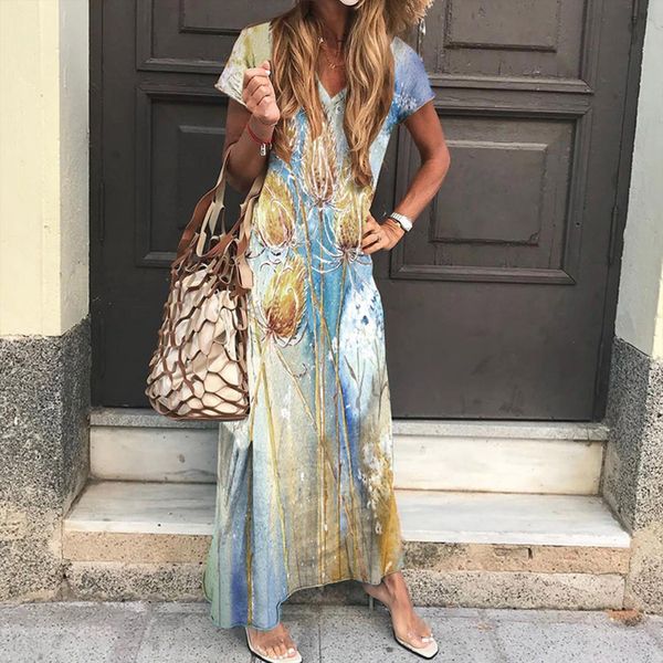 

selling printed summer womens dresses short sleeve v neck casual plus size dress, Black;gray