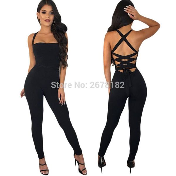 

women's jumpsuits & rompers summer jumpsuit for women strap back bandage bodycon black long romper slim body overalls s3380, Black;white