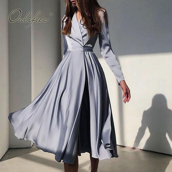 

casual dresses ordi2021 autumn women party dress long sleeve elegant lady slit black satin midi, Black;gray