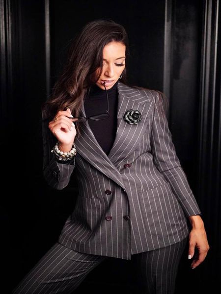 

women's two piece pants striped 2-piece navy blue suit business slim fit work wear office jacket double-breasted blazer + trousers, White