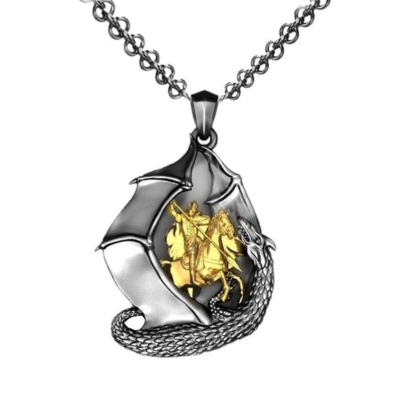 

pendant necklaces mythological style gold color dragon slayer knight necklace vintage 2 metal men's jewelry gift, Silver