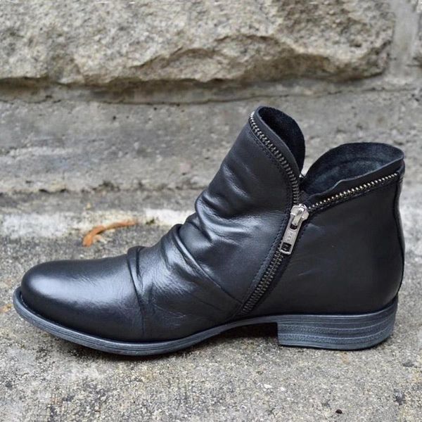 

boots ladies autumn and winter zipper retro flat bottom punk outdoor leather ankle casual comfortable short snow, Black