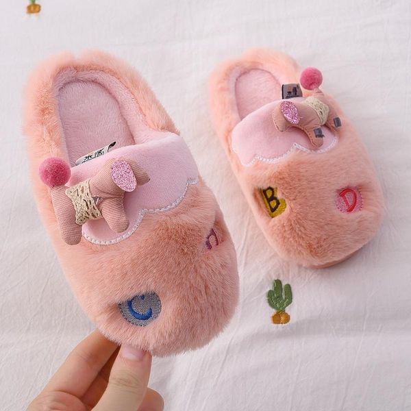 

children cotton shoes kids home slippers boys and girls animal cute embroidery plush ball thickening warm indoor slipper, Black;grey