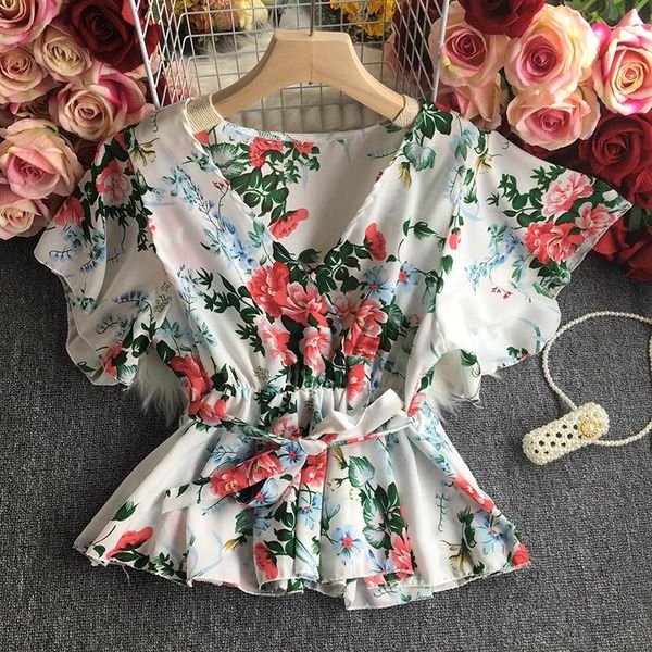 

women's t-shirt summer peony v-neck floral thin temperament short loose waist sleeve korean shirt, White