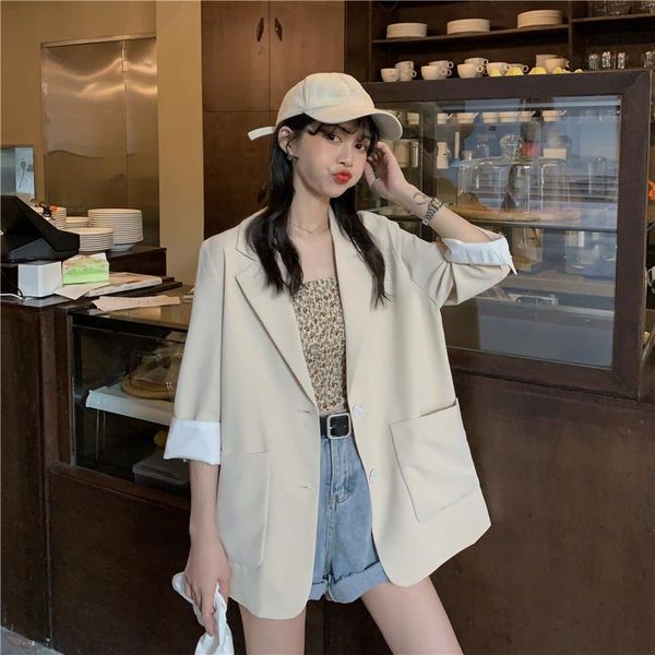 

women's jackets 2021 spring and summer loose thin three-quarter sleeves mid-length casual small suit jacket women, Black;brown