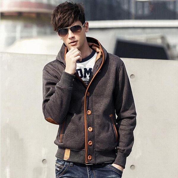 

men's hoodies & sweatshirts autumn winter fashion men fleece elbow patch hooded single breasted coat male casual sweatshirt jacket, Black