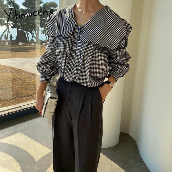 

women's blouses & shirts yitimuceng plaid blouse woman oversized fashion long sleeve sailor collar office lady black shirt 2021 spring, White