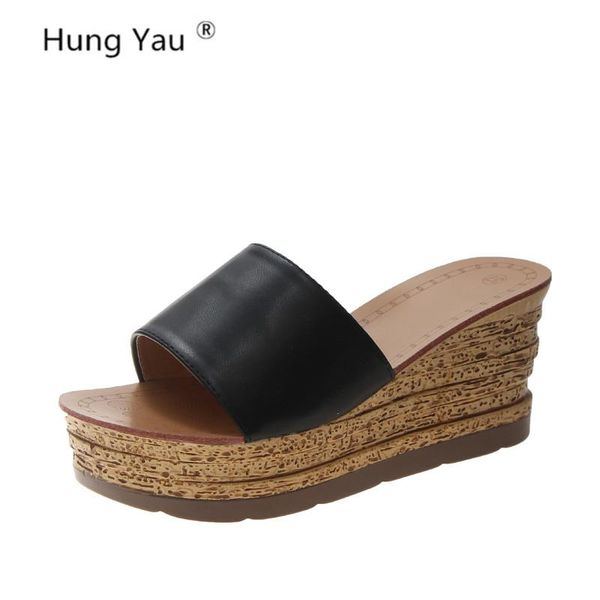 

wedges sandals summer platform flip flops slip on creepers casual leather shoes woman open peep toe thick bottom size 40, Black