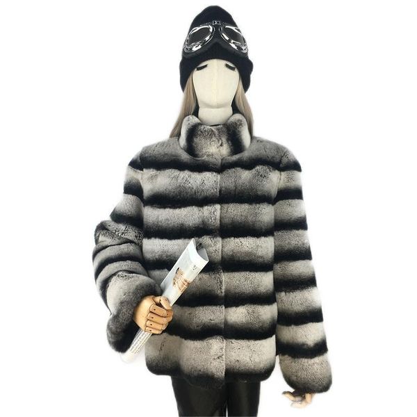 

women's fur & faux real rex jackets ladies natural coat long sleeves striped women winter thick warm clothes plus size 2021, Black