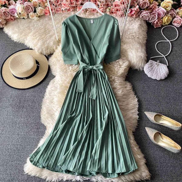 

two piece dress elegant midi retro women's solid color v-neck lace-up waist slimming over-the-knee pleated office lady elt0, White