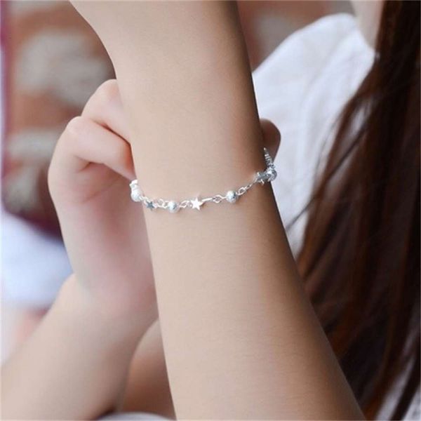 

hand catenary silver plated women's sweet frosted bead jewelry small ball double five pointed star bracelet jewelry, Black
