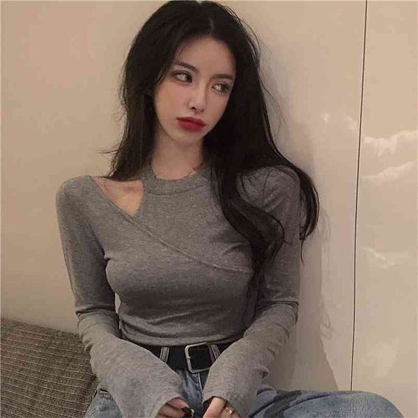 

spring autumn women's strapless long sleeve t-shirt retro fashion slim female bottoming gd571 210507, White