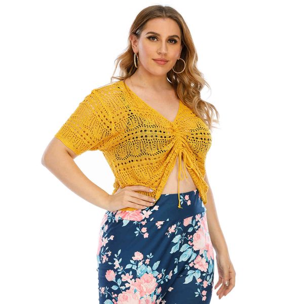 

women's plus size large adjustable drawcord v-ne hollow out short sleeve f200316