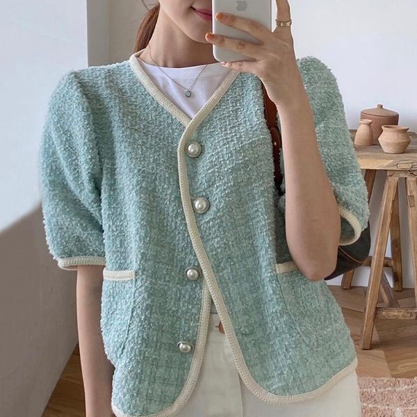

korean short sleeve tweed coat women summer spring single breasted v-neck loose elegant ladies jacket vintage outerwear women's jackets, Black;brown