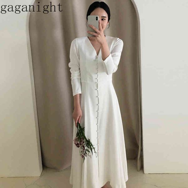 Gaganight Elegantes weißes Frauen-Maxikleid mit langen Ärmeln und V-Ausschnitt, einreihiges Modebüro, figurbetonte Kleider, schlanker Frühling 210519