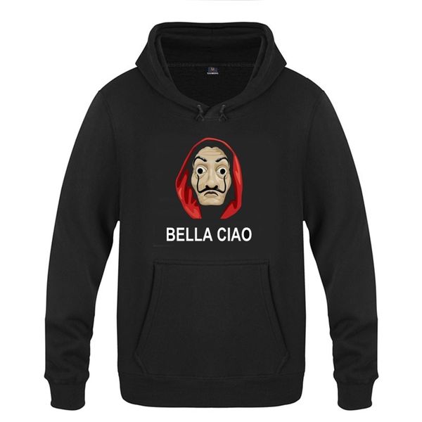 

autumn and winter new men's sweater banknote house bella ciao mask print hoodie, Black