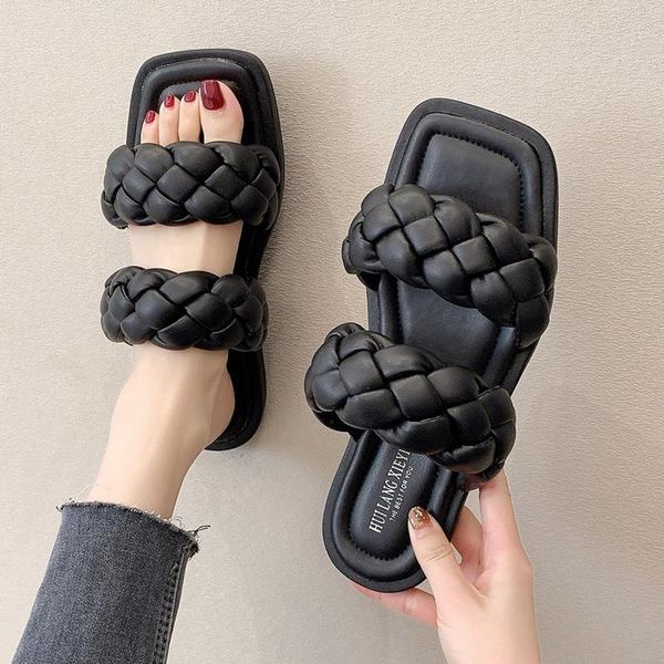 

slippers outdoor women's summer 2021 female student sandals weaving elements slipper flat bottom retro rome beach shoes 35, Black
