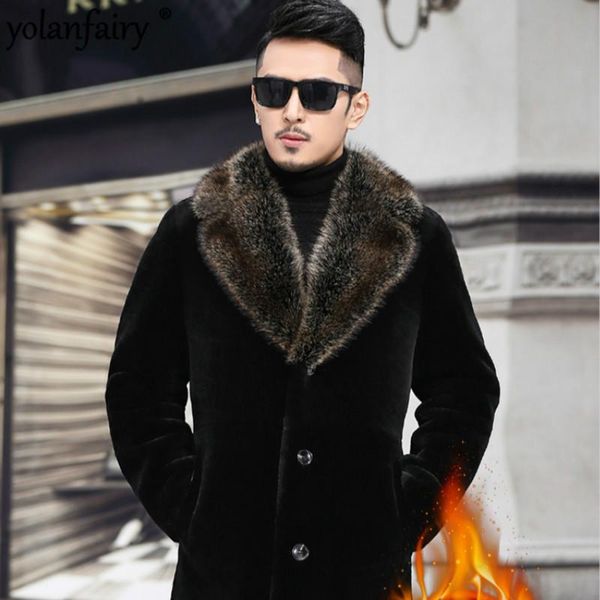 

men's leather & faux real fur coat men sheep shearing winter mink collar hooded wool jacket for mens clothing plus size casaco 493 yy77, Black