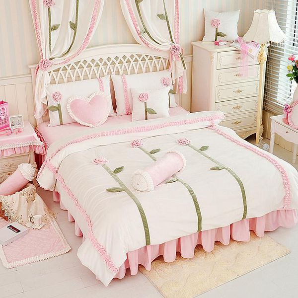 

bedding sets white pink purple flower embroidery fleece fabric princess set ruffle flannel velvet duvet cover bed skirt pillowcases