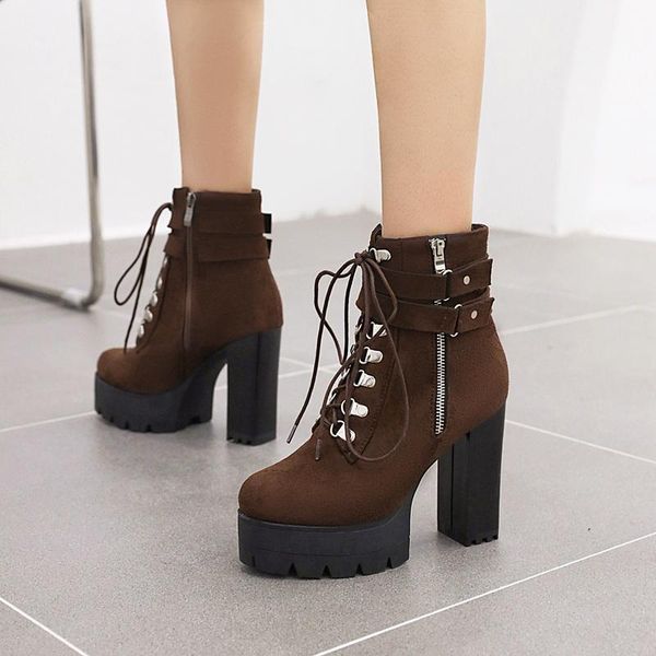 

boots oversized flock metal round hole ankle super high thick heel platform buckle lace-up zipper street warm women's short boot, Black