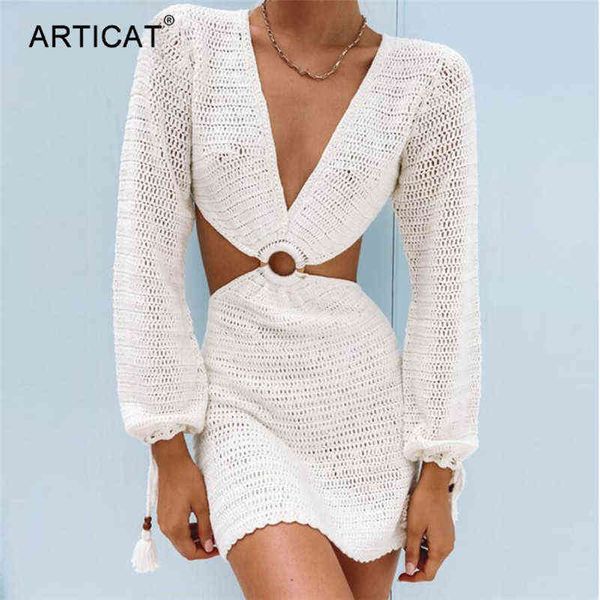 

articat 2021 summer knitted long sleeve beach dress women backless hollow out v neck party mini casual dresses white g1214, Black;gray