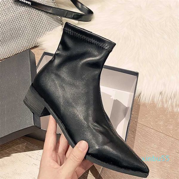 

autumn winter leather boots med chunky chelsea ankle boot women fashion pointed toe slip on heels shoes, Black