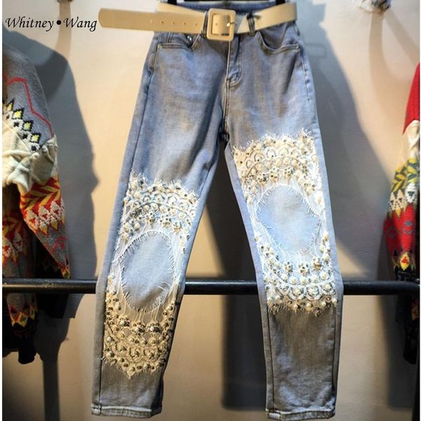 

2021 spring fashion streetwear diamonds beading lace patchwork jeans women denim pants plus size 5xl women's, Blue
