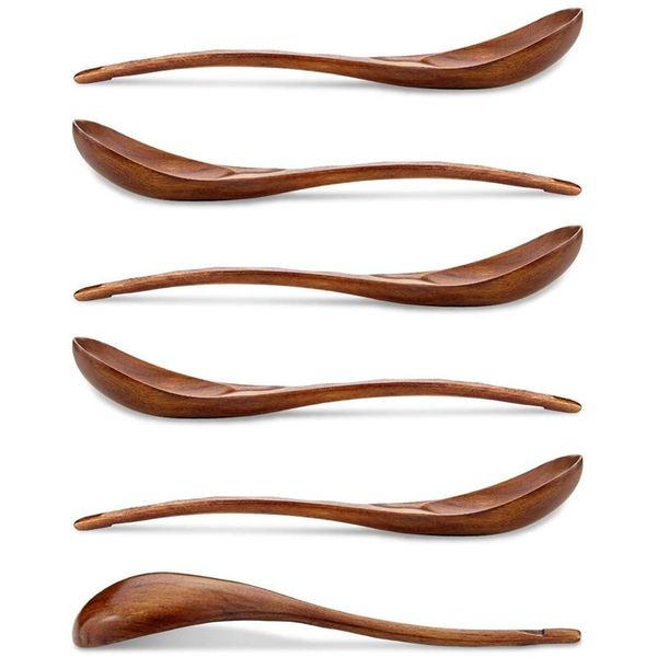 

wooden soup spoons, 6 pieces 7.84 inches japanese ramen spoons round nanmu wood long handle kids rice dessert dark brown