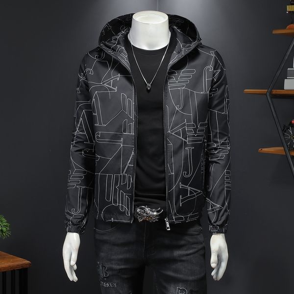 

2022 spring and autumn fashion geometric print hooded jacket casual gentleman thin men's large size top, Black;brown