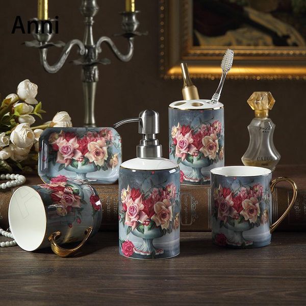 

bath accessory set classical painted rose decorative bathroom european household shower accessories el restroom toiletries organizer
