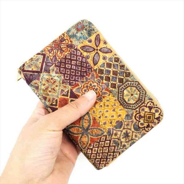 

portugal tile pattern natural cork short card wallets for women vegan leather purse, Red;black